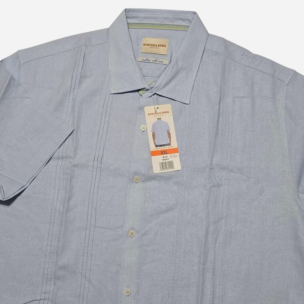 NWT - SCOTCH & SODA Men's XXL Linen-Blend Pintuck Guayabera Blue Button Up Shirt